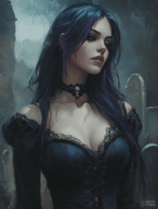 Mysterious Gothic Woman in a Lace-Laden Black Dress with Long Flowing Dark Hair and a Skull Choker Standing Among Tombstones in a Misty Cemetery at Twilight Cute Girl Digital Painting 18 X 24 Inch