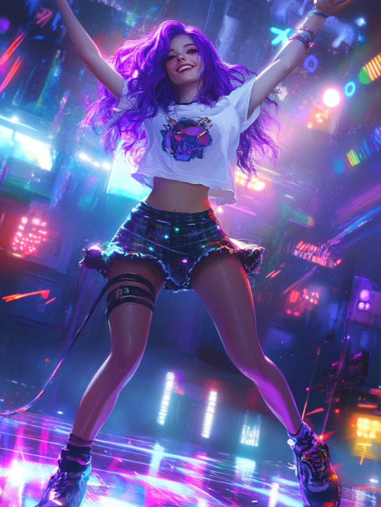 Vibrant Young Woman with Flowing Purple Hair Dancing Energetically in a Neon Lit Futuristic Club Setting Cute Girl Digital Painting 18 X 24 Inch