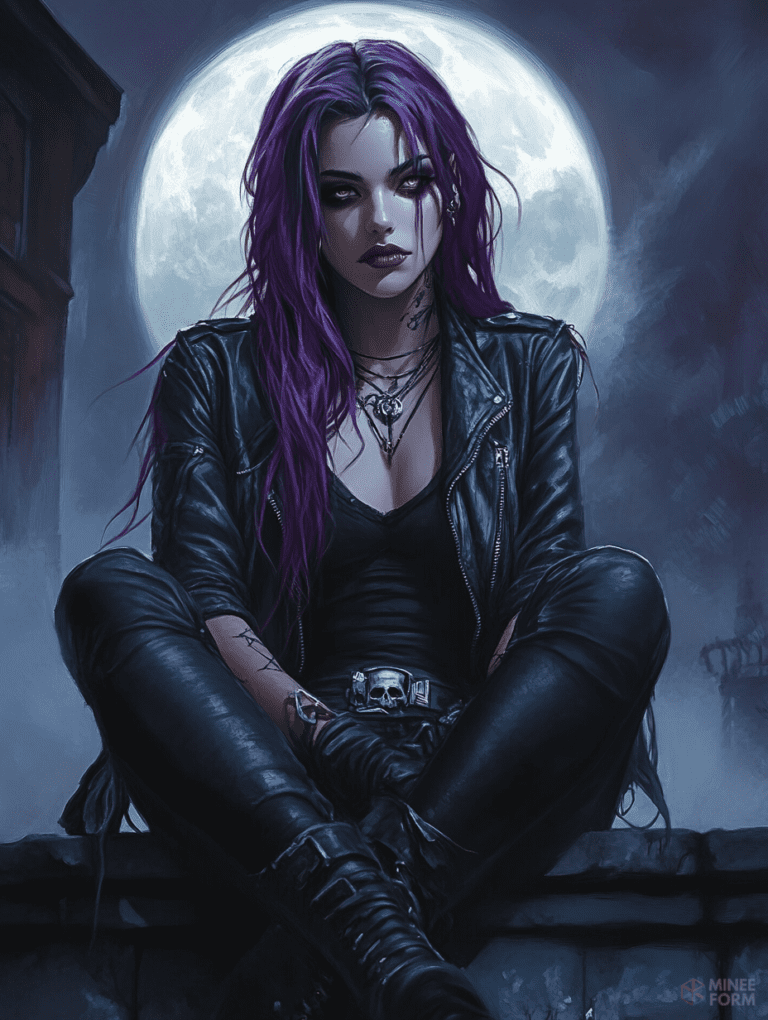 Mystical Nighttime Encounter with a Purple-Haired Woman in a Leather Jacket Under a Full Moonlit Sky Cute Girl Digital Painting 18 X 24 Inch