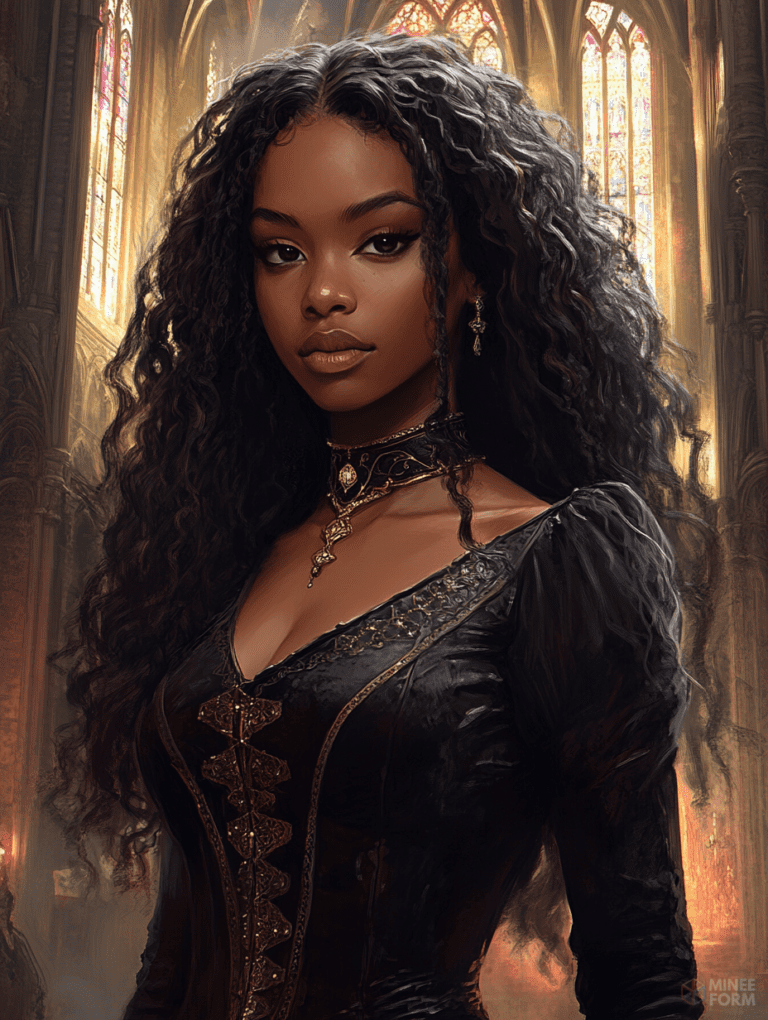 Regal Woman with Luxurious Curly Hair in Ornate Black Gown Against Brightly Lit Stained Glass Windows in a Gothic Cathedral Setting Cute Girl Digital Painting 18 X 24 Inch