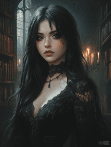 Enigmatic Woman with Raven Black Hair in a Candlelit Gothic Library Surrounded by Ancient Books and Mystical Atmosphere Cute Girl Digital Painting 18 X 24 Inch