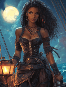 Fierce Pirate Woman Standing On The Deck Of A Ship Illuminated By The Full Moon Over The Ocean With Billowing Dark Curly Hair Adorned With Colorful Beads And Wearing A Corsetted Black Leather Outfit Embellished With Intricate Skull Details And Layered Necklaces Against A Night Sky Cute Girl Digital Painting 18 X 24 Inch