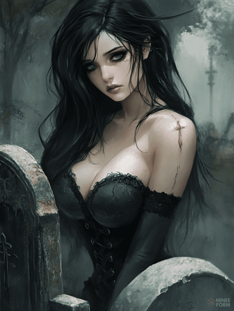 Mysterious Gothic Maiden with Long Flowing Dark Hair in Black Corset Amidst Weathered Cemetery Stones in Foggy Enchanting Forest Atmosphere Cute Girl Digital Painting 18 X 24 Inch