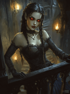 Mystical Enchantress with Glowing Red Eyes in an Ancient Candlelit Gothic Mansion Cute Girl Digital Painting 18 X 24 Inch