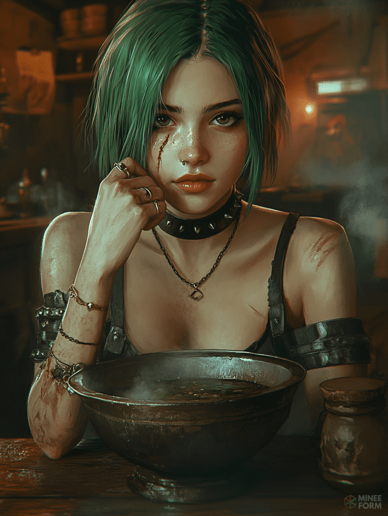 Young Woman with Short Green Hair and Freckles in a Warmly Lit Rustic Tavern Gazing Intently Over a Steaming Bowl of Soup with a Studded Choker and Multiple Bangles Adorning Her Arms Cute Girl Digital Painting 18 X 24 Inch