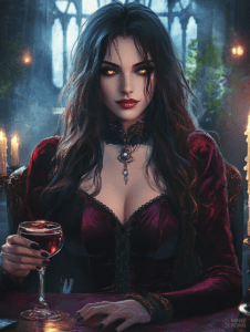 Mysterious Woman with Enchanting Eyes in a Gothic Setting Holding a Glass of Red Wine Surrounded by Candlelight in an Ornate Castle Hall Cute Girl Digital Painting 18 X 24 Inch