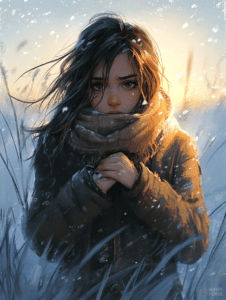 Young Woman in Winter Coat and Scarf Stands Amidst Snowy Field With Sunlight in Her Hair and Snowflakes Gently Falling Cute Girl Digital Painting 18 X 24 Inch