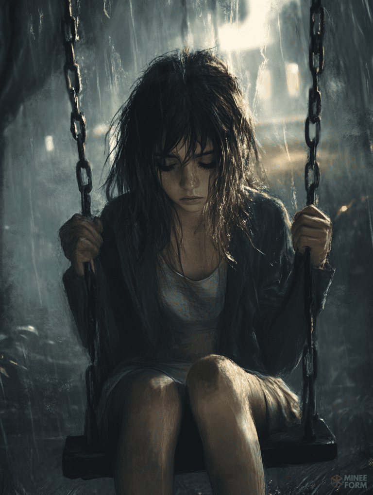 Young Girl Sitting on a Swing in the Rain with Downcast Eyes and Tousled Hair in a Somber Atmosphere Cute Girl Digital Painting 18 X 24 Inch