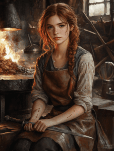 Young Woman with Fiery Red Hair Sitting in a Rustic Blacksmith Workshop Holding a Sword Illuminated by the Warm Glow of a Forge with Ash and Sparks Creating a Dramatic Atmosphere as Soft Light Filters Through a Small Window Highlighting Her Determined Expression and Freckles Cute Girl Digital Painting 18 X 24 Inch