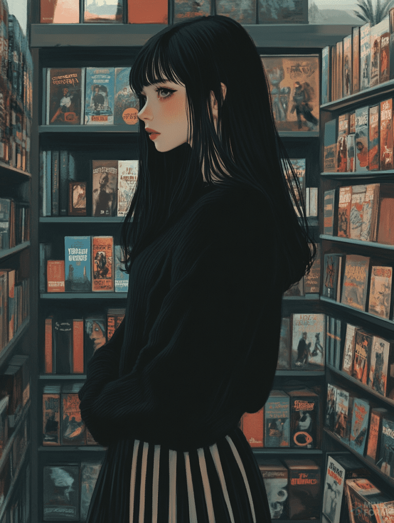 Mysterious Girl with Long Black Hair Observing Bookshelves in a Cozy Vintage Bookstore Filled with Colorful Covers and Soft Lighting Cute Girl Digital Painting 18 X 24 Inch