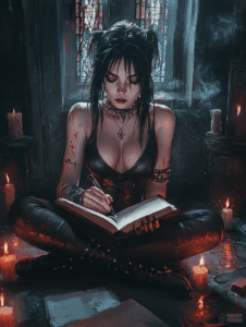 Gothic Enchantment A Mystical Woman in Candlelit Sanctuary Surrounded by Stained Glass Windows and Ancient Tomes Cute Girl Digital Painting 18 X 24 Inch