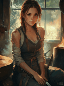 Rustic Charm of a Young Woman in a Sunlit Workshop with Warm Tones and Soft Freckles Cute Girl Digital Painting 18 X 24 Inch