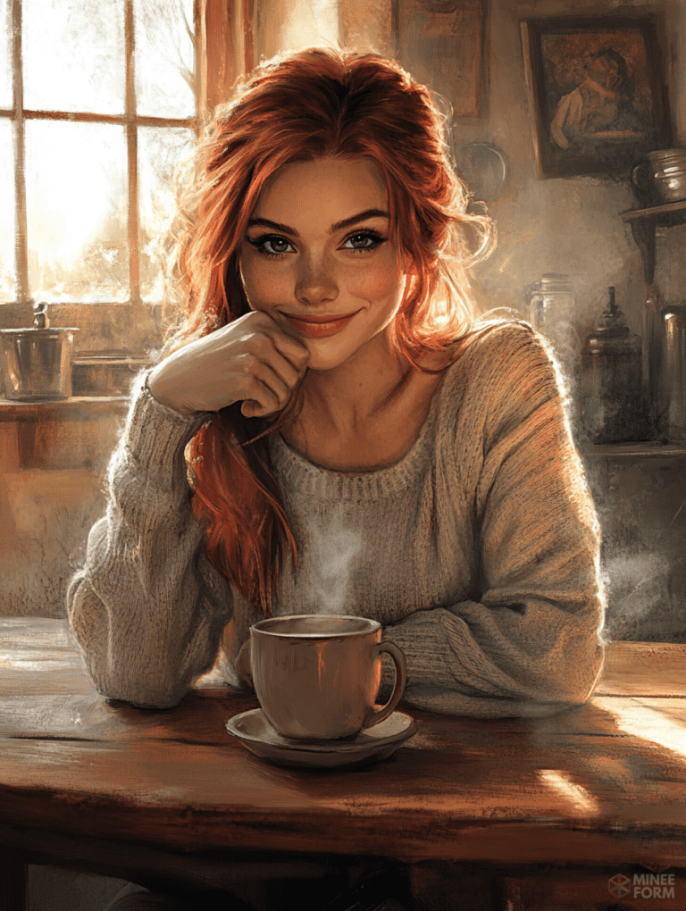 Warm Smiles and Cozy Coffee Moments with Sunlight Streaming Through Vintage Café Windows Cute Girl Digital Painting 18 X 24 Inch