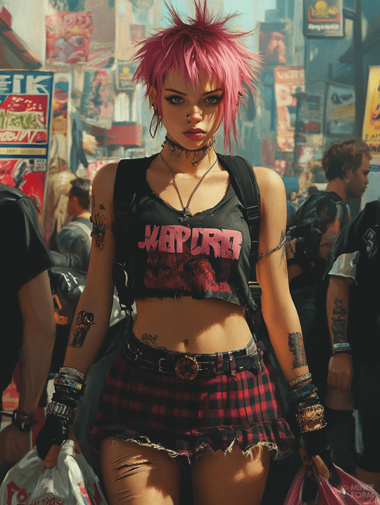 Edgy Punk Girl with Pink Hair and Piercings Walking Through a Bustling Urban Street in a Torn Crop Top and Plaid Skirt Surrounded by Bright Neon Signs and Lively Crowd Cute Girl Digital Painting 18 X 24 Inch