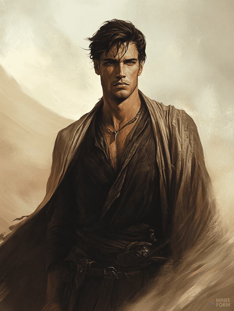 Mysterious Man Standing in a Windy Desert with Tousled Hair and Dark Clothing Draped in a Flowing Brown Cloak Amidst a Swirling Sandstorm and a Brooding Expression Cute Guy Digital Painting 18 x 24 Inch MineeForm Wall Art Poster