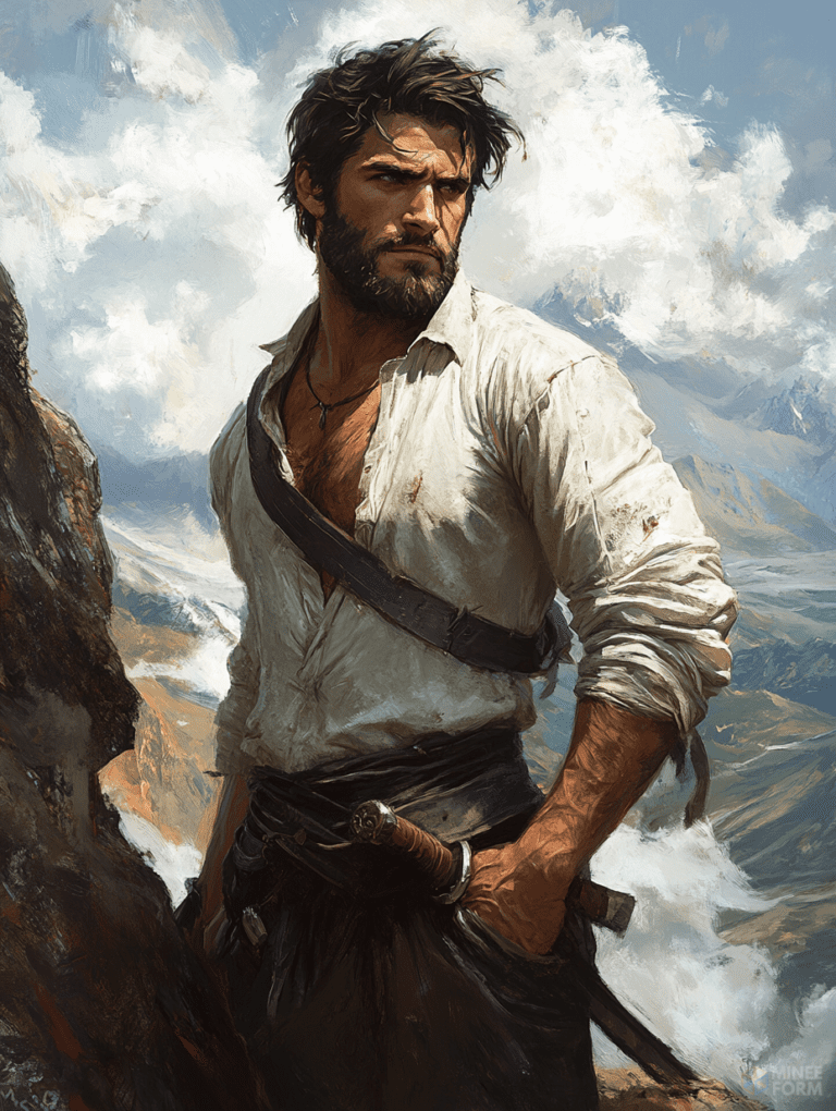 Brooding Adventurer with Windswept Hair and Rugged Beard Standing Against a Majestic Mountain Landscape with Billowing Clouds and Serene Sky Cute Guy Digital Painting 18 x 24 Inch MineeForm Wall Art Poster