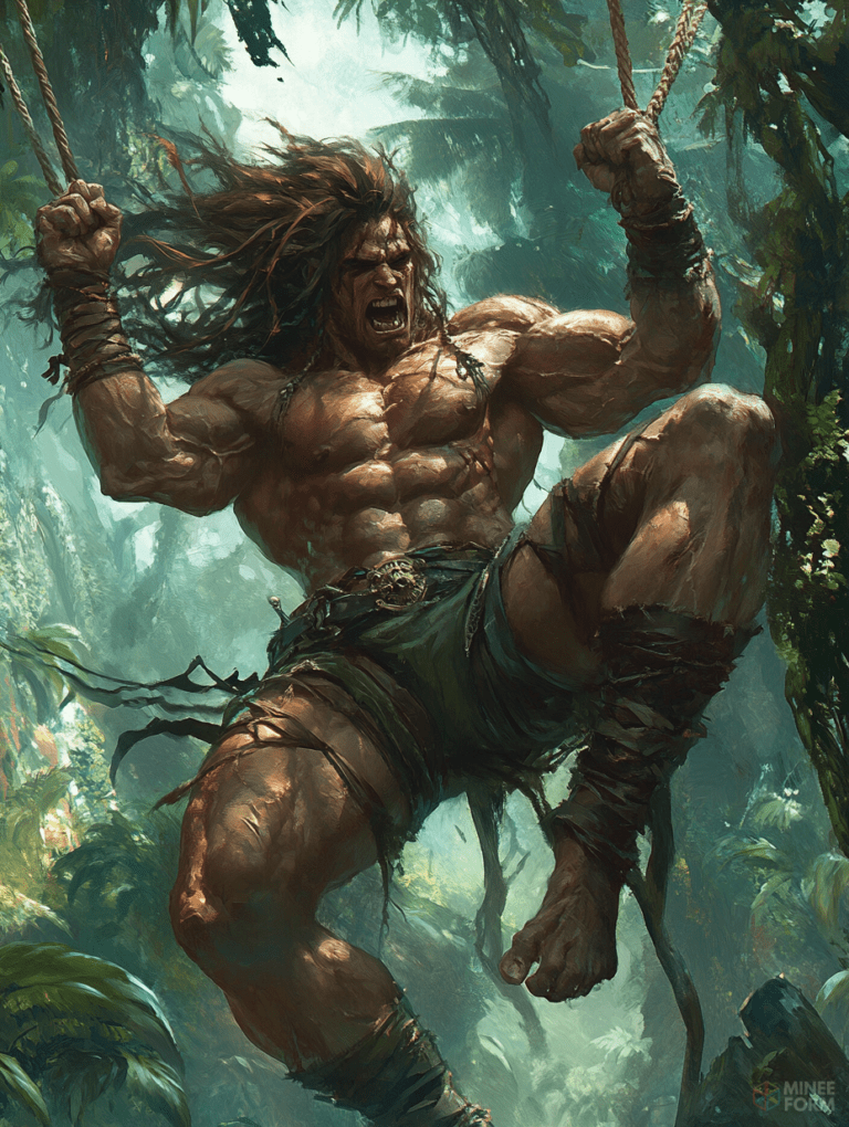 Powerful Warrior Swinging Through Lush Jungle Canopy with Rugged Strength and Determination Cute Guy Digital Painting 18 x 24 Inch MineeForm Wall Art Poster