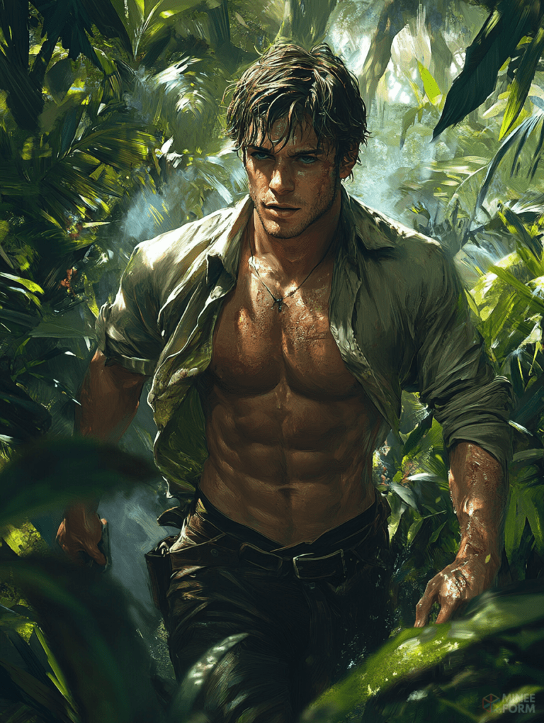 Rugged Adventurer Emerging from Lush Jungle with Sunlight Filtering Through Dense Foliage Cute Guy Digital Painting 18 x 24 Inch MineeForm Wall Art Poster