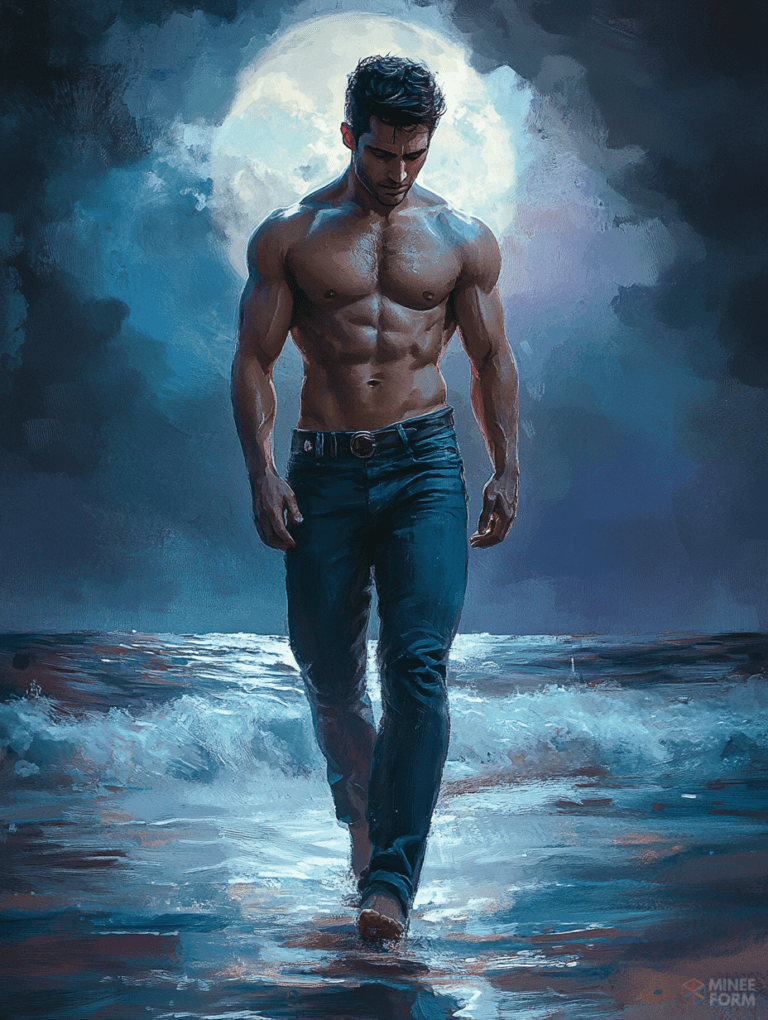 Barefoot Muscular Man Strolling Through Moonlit Ocean Waves Under a Dramatic Sky Cute Guy Digital Painting 18 x 24 Inch MineeForm Wall Art Poster