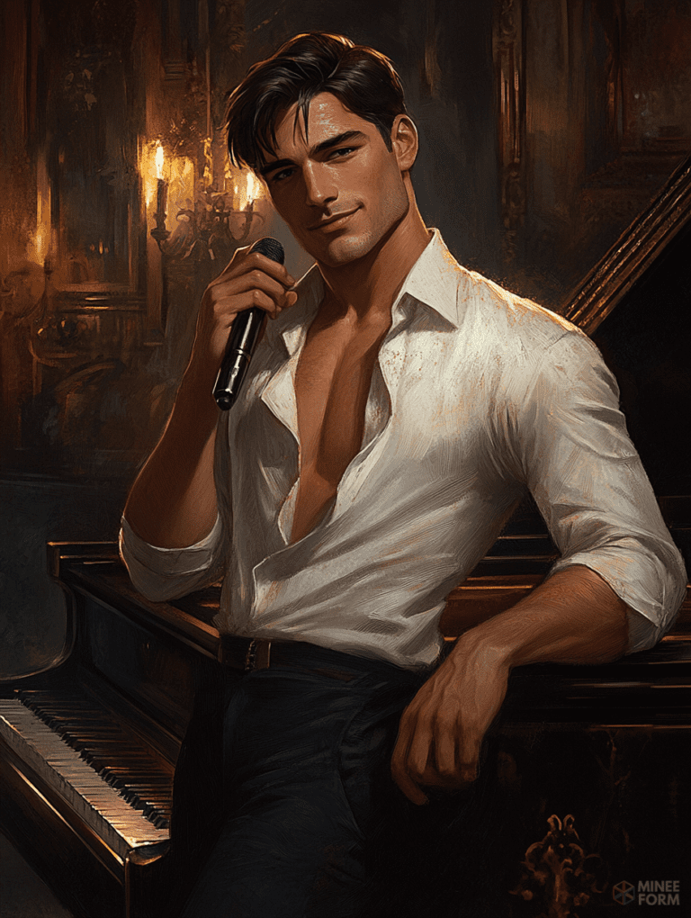 Charming Singer in Elegant Setting with Grand Piano and Warm Candlelight Cute Guy Digital Painting 18 x 24 Inch MineeForm Wall Art Poster