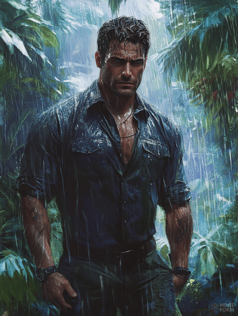 Mysterious Man with Rugged Appeal Standing in the Lush Rain-Soaked Jungle with Intense Expression and Wet Shirt Amidst a Downpour with Vibrant Greenery in the Background Cute Guy Digital Painting 18 x 24 Inch MineeForm Wall Art Poster