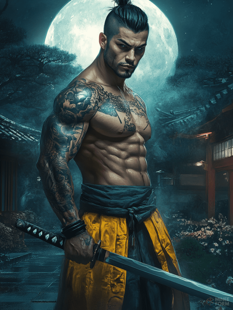 Mystical Samurai Warrior Standing Strong Under a Glowing Full Moon Surrounded by Enchanted Cherry Blossoms and Ancient Temple Shadows Cute Guy Digital Painting 18 x 24 Inch MineeForm Wall Art Poster