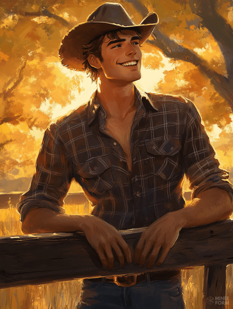 Charming Cowboy with Broad Smile Leaning on a Wooden Fence Amidst Warm Autumn Backdrop of Sunlit Leaves and Trees Cute Guy Digital Painting 18 x 24 Inch MineeForm Wall Art Poster