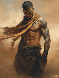 Rugged Warrior Standing Strong Amidst a Desert Sandstorm with Tattoos and Tattered Scarf Cute Guy Digital Painting 18 x 24 Inch MineeForm Wall Art Poster