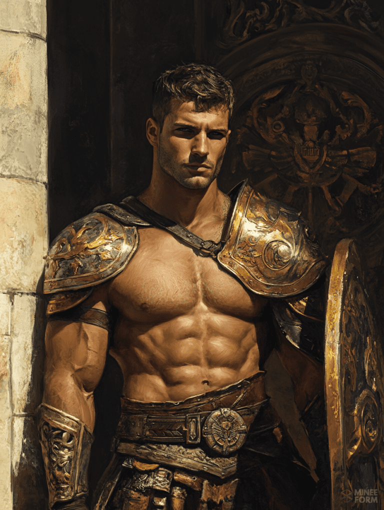 Noble Warrior Posing Against Ancient Stone Wall in Gleaming Gold Armor with Intricate Detail and Strong Muscular Physique in Shadowed Ambiance Cute Guy Digital Painting 18 x 24 Inch MineeForm Wall Art Poster