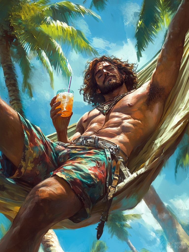 Relaxing in a Hammock Under Tropical Skies with Vibrant Palm Trees Swaying and a Refreshing Orange Drink in Hand Cute Guy Digital Painting 18 x 24 Inch MineeForm Wall Art Poster