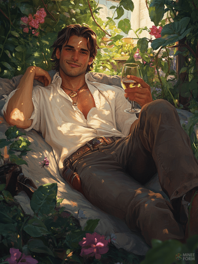 Charming Man Relaxing in a Sunlit Garden Oasis Holding a Glass of Wine Surrounded by Leafy Greenery and Vibrant Pink Flowers Cute Guy Digital Painting 18 x 24 Inch MineeForm Wall Art Poster