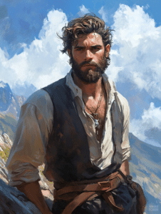 Rugged Adventurer with Windswept Hair Standing Against a Majestic Mountain Landscape Under a Vibrant Blue Sky with Fluffy White Clouds Cute Guy Digital Painting 18 x 24 Inch MineeForm Wall Art Poster