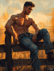 Sunset Glow on Muscular Man Relaxing by Wooden Fence in Golden Field Cute Guy Digital Painting 18 x 24 Inch MineeForm Wall Art Poster