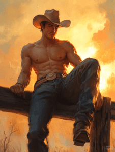 Sunset Cowboy Resting on a Wooden Fence Shirtless with Chiseled Features in Blue Jeans and Classic Cowboy Hat Against a Dramatic Orange Sky Cute Guy Digital Painting 18 x 24 Inch MineeForm Wall Art Poster