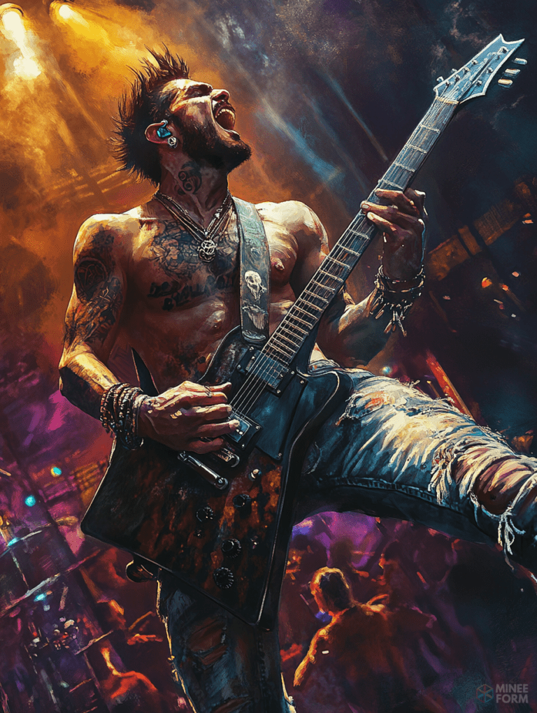 Energetic Tattooed Guitarist Rocking Out on Stage Amidst Vibrant Lights and Engaged Crowd Cute Guy Digital Painting 18 x 24 Inch MineeForm Wall Art Poster