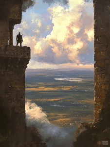 Silhouette of a Lone Warrior Overlooking Vast Plains from a Crumbling Cliff Amidst Majestic Cloudscape DND Digital Painting Wall Art 18 X 24 Inch Poster