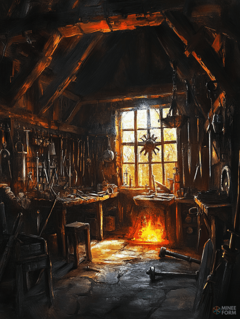 Sunlit Forge Workshop Bathed in Warm Glow with Tools and Weapons Adorning Wooden Walls DND Digital Painting Wall Art 18 X 24 Inch Poster