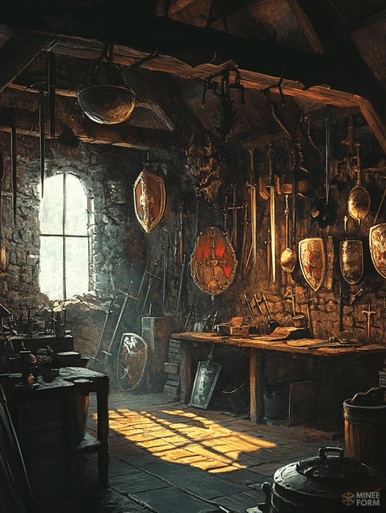 Sunlit Medieval Armory Workshop with Shields and Swords Adorning Stone Walls and Wooden Tables DND Digital Painting Wall Art 18 X 24 Inch Poster