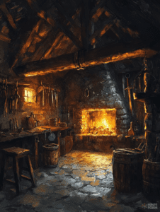 Cozy Firelit Medieval Workshop with Wooden Beams Stone Walls and Glowing Hearth DND Digital Painting Wall Art 18 X 24 Inch Poster