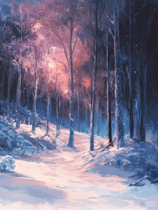 Tranquil Winter Path Amidst Enchanted Forest with Glimmering Pink and Purple Canopy DND Digital Painting Wall Art 18 X 24 Inch Poster