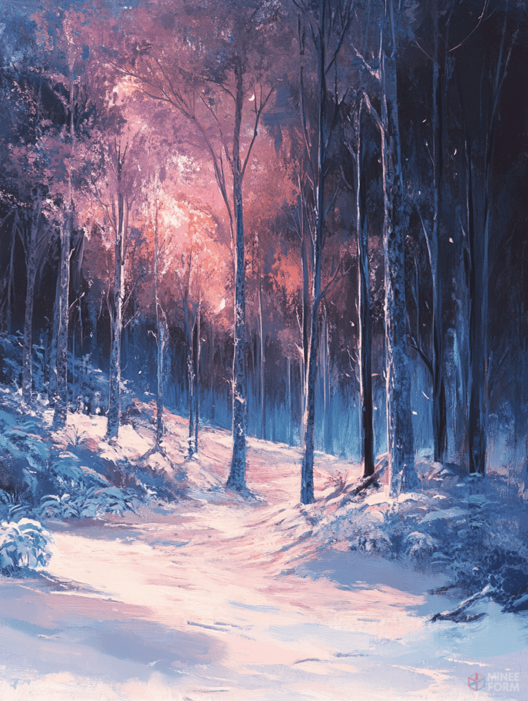 Tranquil Winter Path Amidst Enchanted Forest with Glimmering Pink and Purple Canopy DND Digital Painting Wall Art 18 X 24 Inch Poster