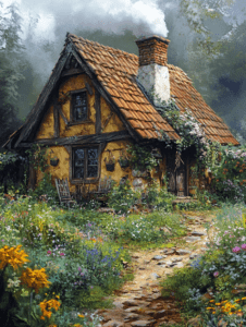 Charming Cottage Nestled in a Lush Flowering Garden with a Cobblestone Path and Smoky Chimney in a Serene Woodland Setting DND Digital Painting Wall Art 18 X 24 Inch Poster