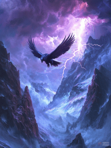 Majestic Raven Soaring Through Volatile Stormy Skies Above Jagged Mountain Peaks Illuminated by Cascading Lightning DND Digital Painting Wall Art 18 X 24 Inch Poster