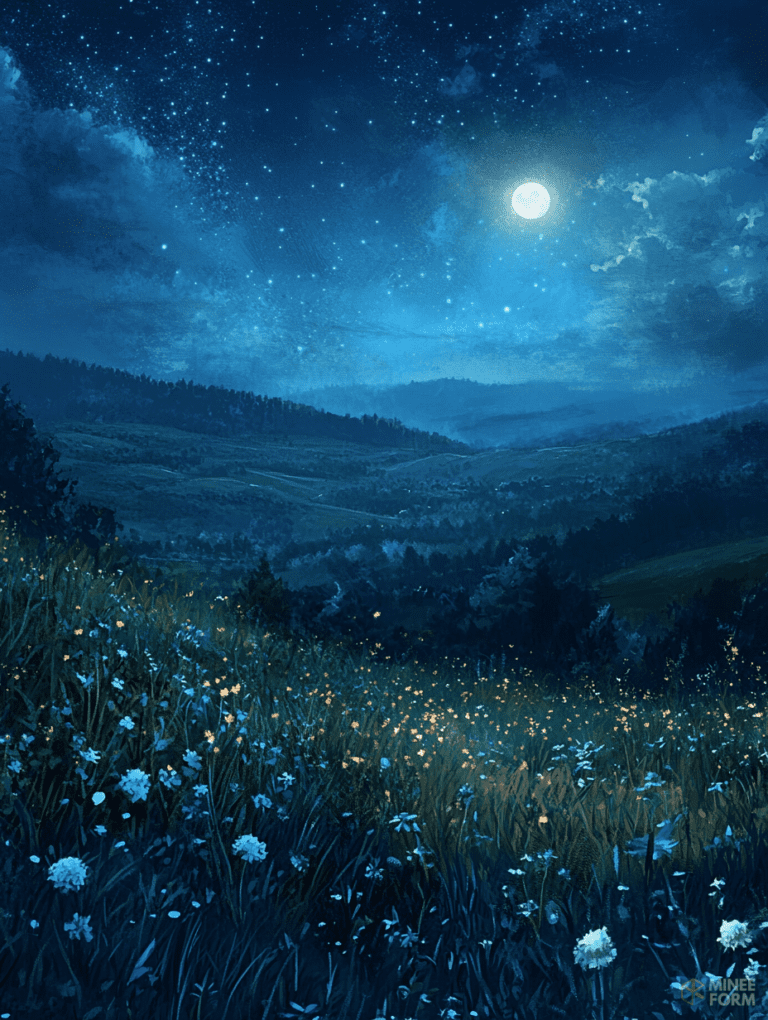 Illuminated Moonlit Meadow Under a Star-Filled Sky with Rolling Hills and Gentle Breezes DND Digital Painting Wall Art 18 X 24 Inch Poster