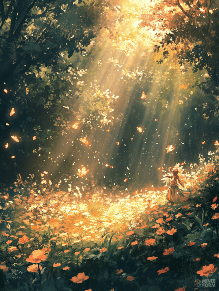 Enchanted Fairy Stroll Through a Sunlit Meadow of Fluttering Butterflies and Blooming Flowers in a Magical Forest Glade DND Digital Painting Wall Art 18 X 24 Inch Poster