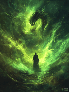 Mysterious Figure Confronts Ethereal Dragon Amidst Vivid Swirling Green Mist DND Digital Painting Wall Art 18 X 24 Inch Poster