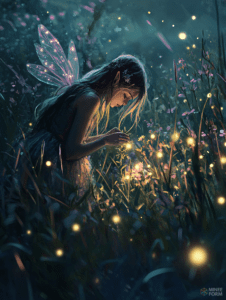 Mystical Night in an Enchanted Forest with a Fairy Illuminated by Glowing Fireflies and Surrounded by Vibrant Wildflowers DND Digital Painting Wall Art 18 X 24 Inch Poster