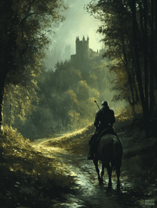 Lone Rider Journeying Through Enchanted Forest Toward Mysterious Castle Bathed in Ethereal Light DND Digital Painting Wall Art 18 X 24 Inch Poster