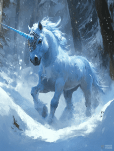 Majestic Blue Unicorn Charging Through a Snowy Enchanted Forest with Snowflakes Swirling in the Crisp Winter Air DND Digital Painting Wall Art 18 X 24 Inch Poster