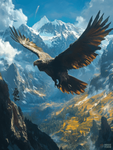 Majestic Eagle Soaring Over Breathtaking Snow-Capped Mountain Peaks and Verdant Valley Under a Clear Blue Sky DND Digital Painting Wall Art 18 X 24 Inch Poster